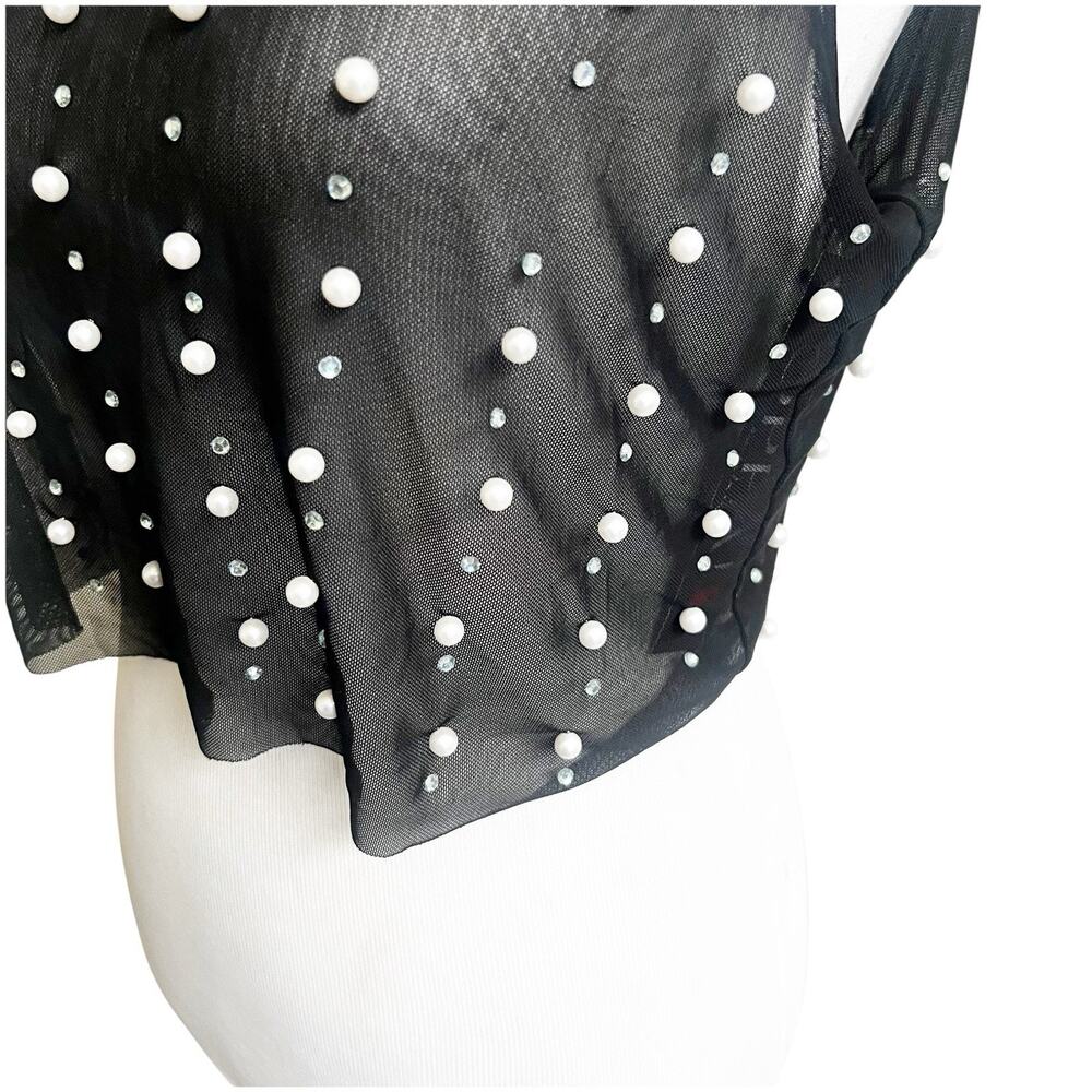 Oppa Pearl Rhinestone Sheer Mesh Crop Top Sexy See Through Short Sleeve NWT S - Picture 4 of 11